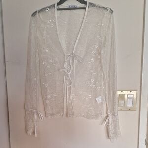 Elegant Lace Tie-Front RENUAR Overlayy Top Long Sleeve Nwot